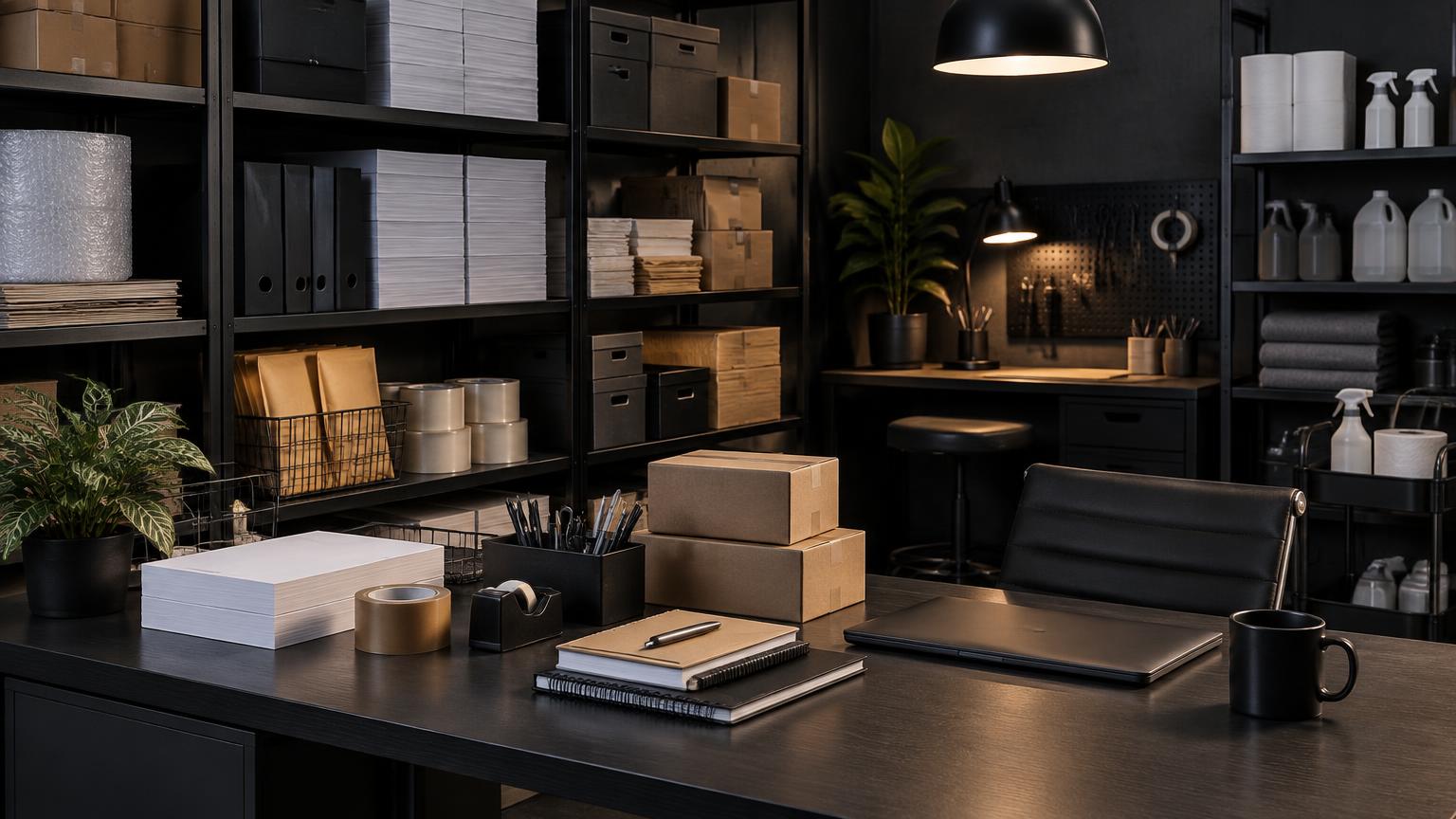 Office and facility supplies organized in a clean stockroom