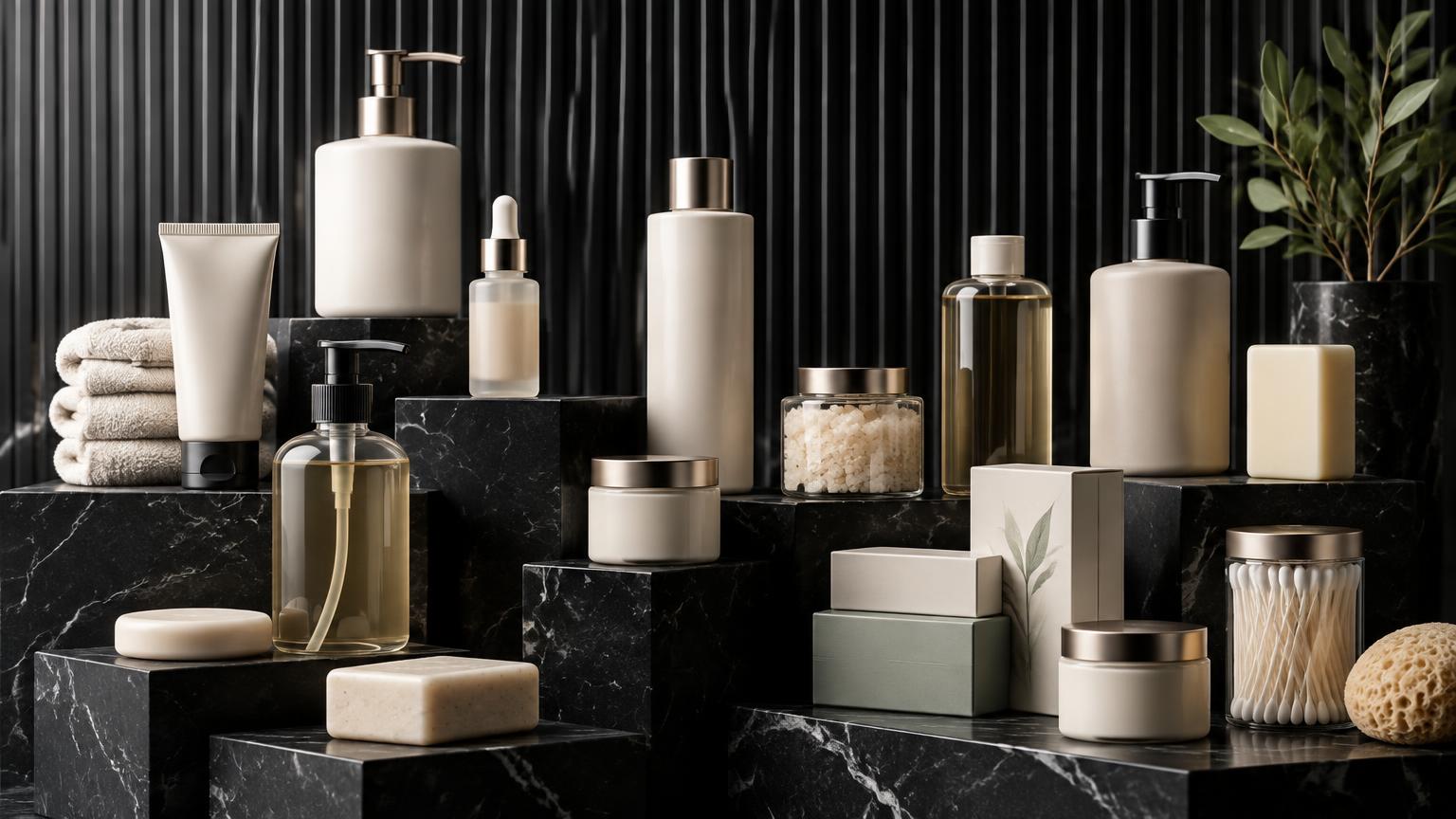 Personal care bottles and packages arranged on display shelves
